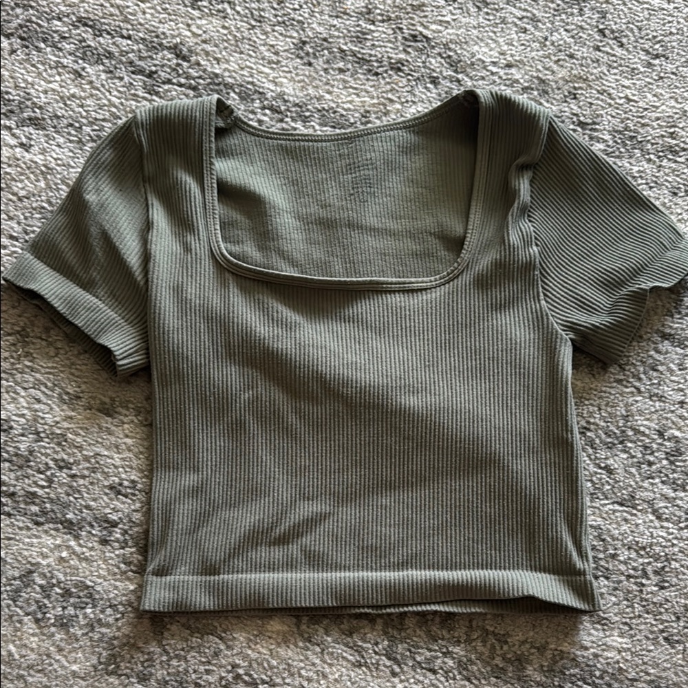 Ribbed Olive Green Square Neck Top